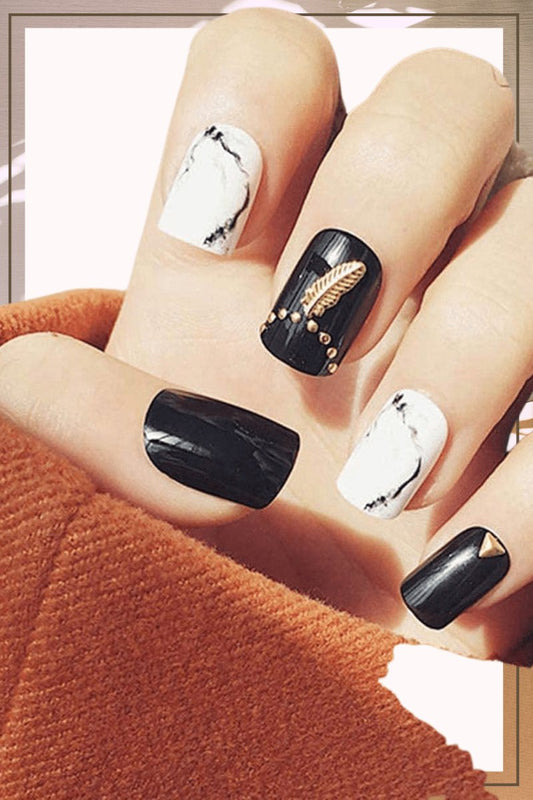 Press On Nails Black Glossy White Square Marble Nail Kit