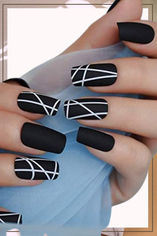 Press On Nails Black Matte Square Line Nail Kit