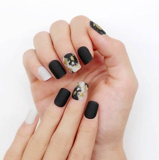 Press On Nails Black Matte White Square Gold Nail Kit