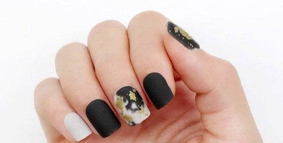 Press On Nails Black Matte White Square Gold Nail Kit