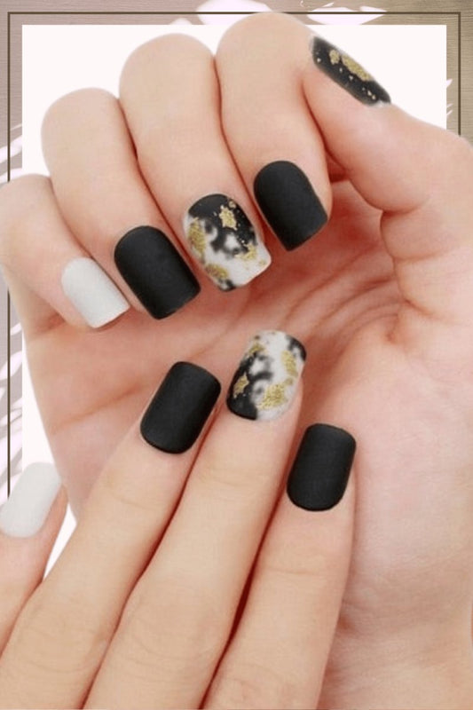 Press On Nails Black Matte White Square Gold Nail Kit