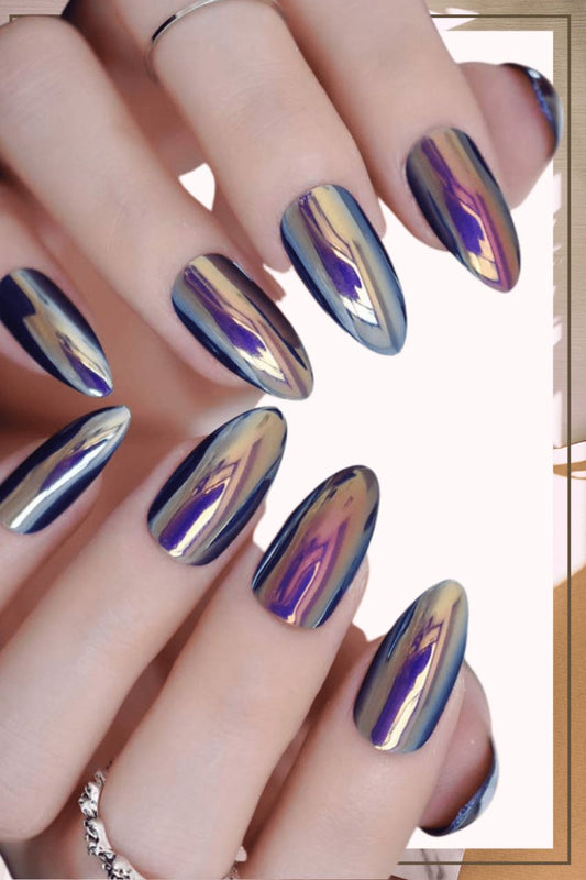 Press On Nails Blue Chrome Glossy Almond Nail Kit