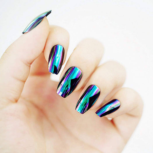 Press On Nails Blue Chrome Glossy Coffin Nail Kit