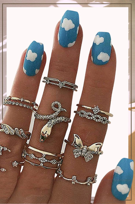 Press On Nails Blue Glossy Short Coffin Cloud Nail Kit