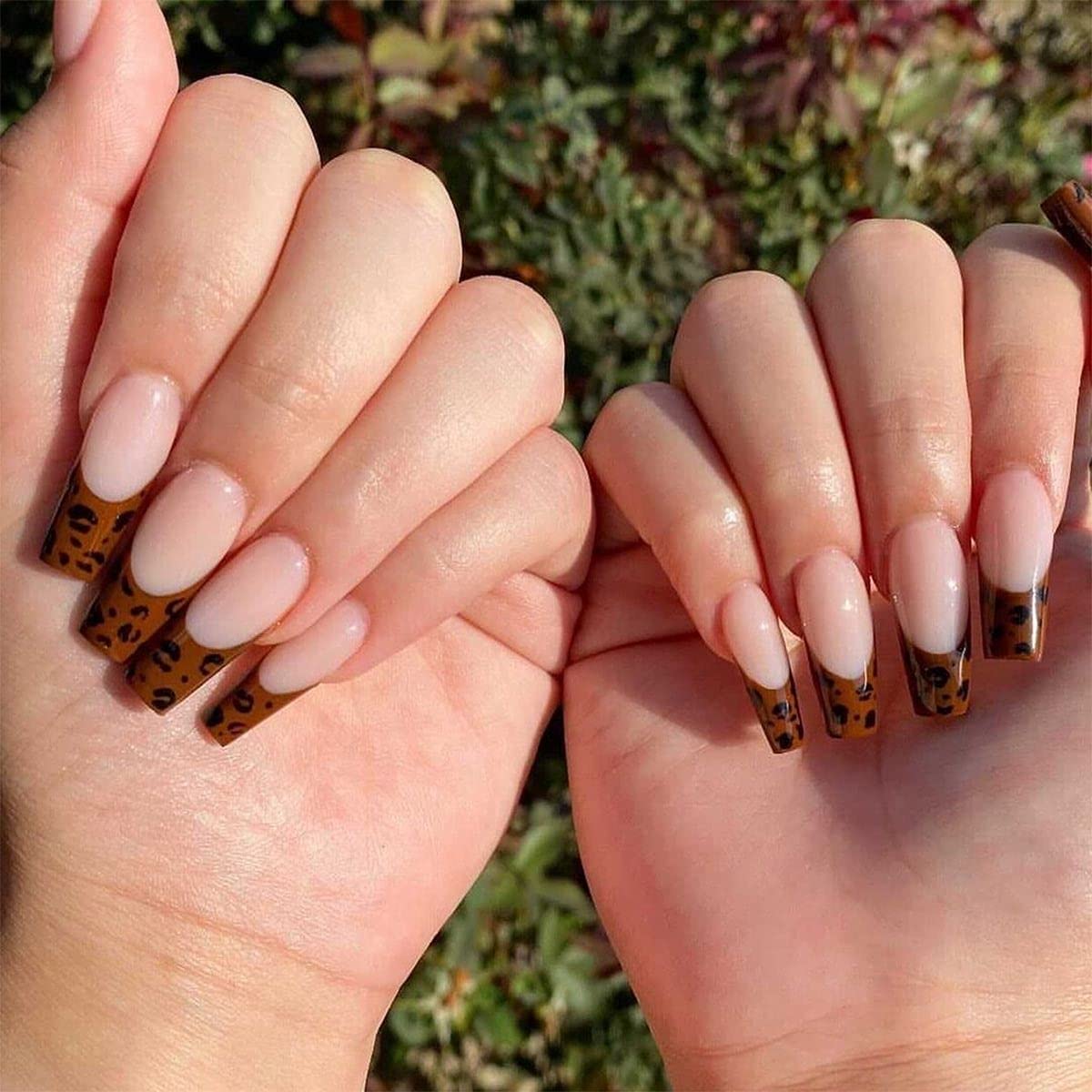 Press On Nails Brown French Glossy Coffin Leopard Nail Kit