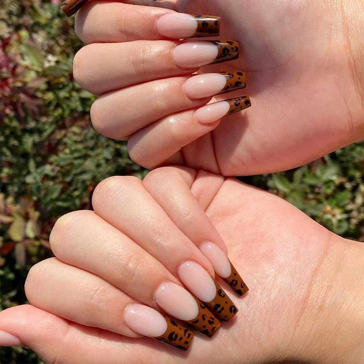 Press On Nails Brown French Glossy Coffin Leopard Nail Kit