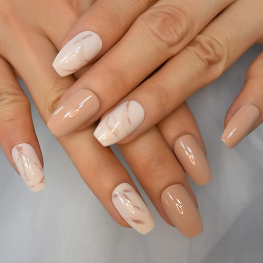 Press On Nails Brown Glossy Marble Coffin Nail Kit