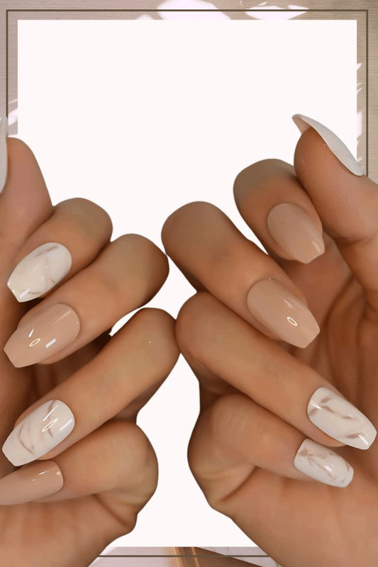 Press On Nails Brown Glossy Marble Coffin Nail Kit