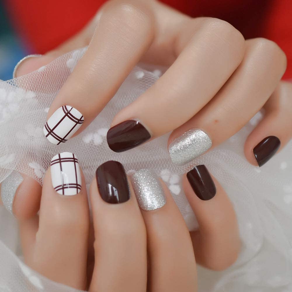 Press On Nails Brown Glossy Square Silver Nail Kit