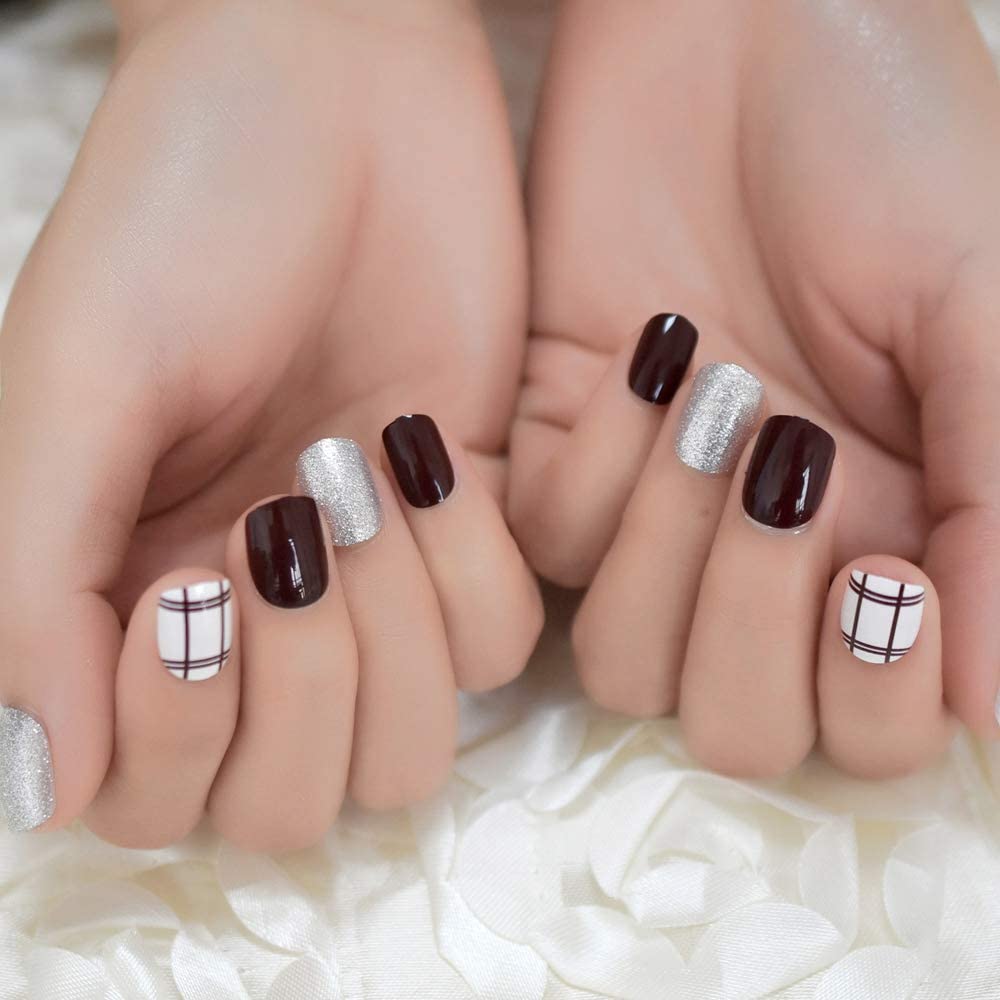 Press On Nails Brown Glossy Square Silver Nail Kit