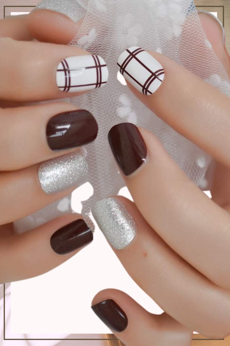 Press On Nails Brown Glossy Square Silver Nail Kit