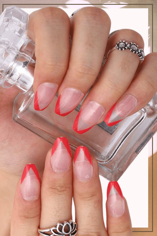 Press On Nails Clear And Red French Glossy Coffin Nail Kit