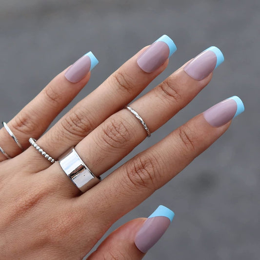 Press On Nails Gray Glossy Blue French Square Nail Kit