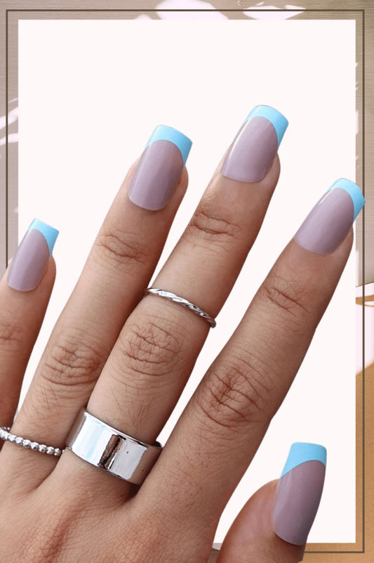 Press On Nails Gray Glossy Blue French Square Nail Kit