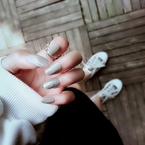 Press On Nails Gray Glossy Oval Glitter Nail Kit