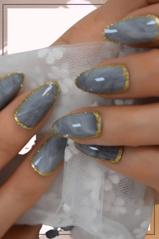 Press On Nails Gray Marble Glossy Almond Gold Nail Kit