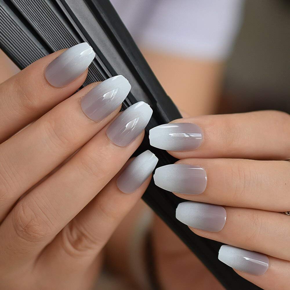 Press On Nails Gray Ombre French Glossy Coffin Nail Kit