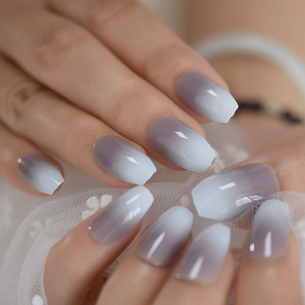 Press On Nails Gray Ombre French Glossy Coffin Nail Kit