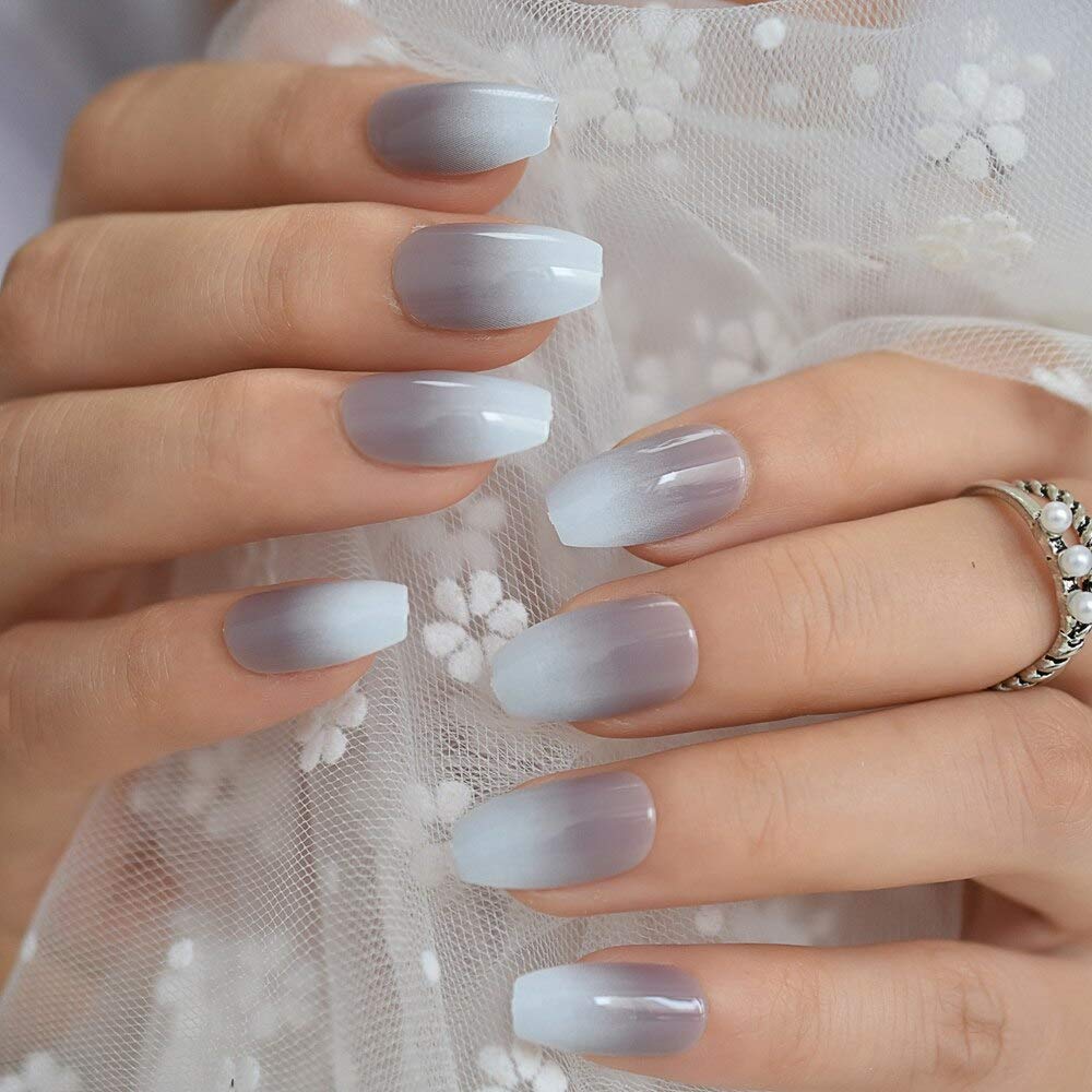 Press On Nails Gray Ombre French Glossy Coffin Nail Kit