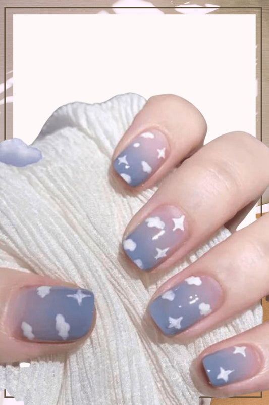Press On Nails Gray Ombre Glossy Cloud Coffin Star Nail Kit
