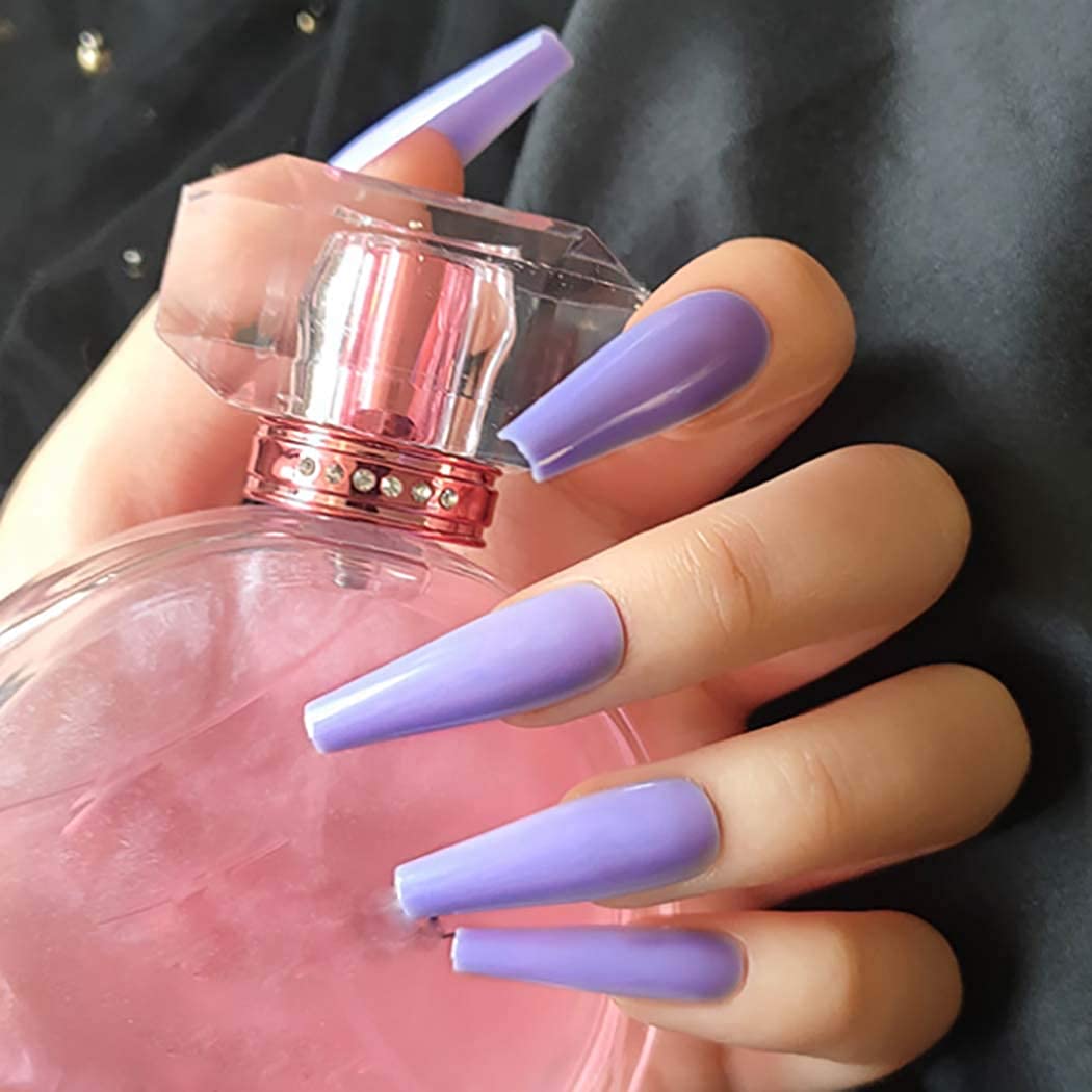 Press On Nails Light Purple Glossy Coffin Nail Kit