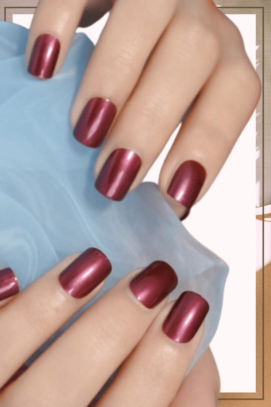 Press On Nails Maroon Glossy Round Metallic Nail Kit