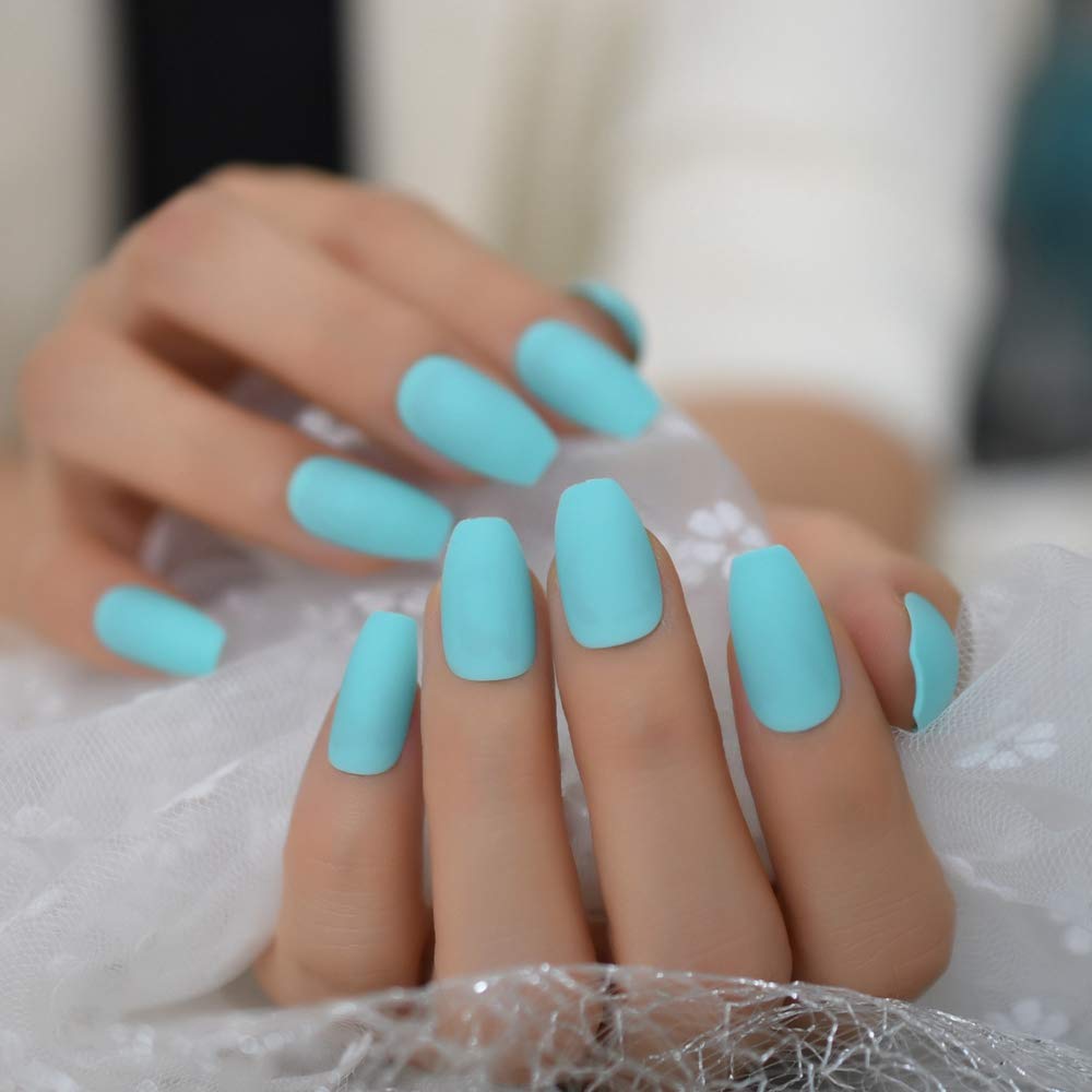 Press On Nails Neon Blue Teal Matte Short Coffin Nail Kit