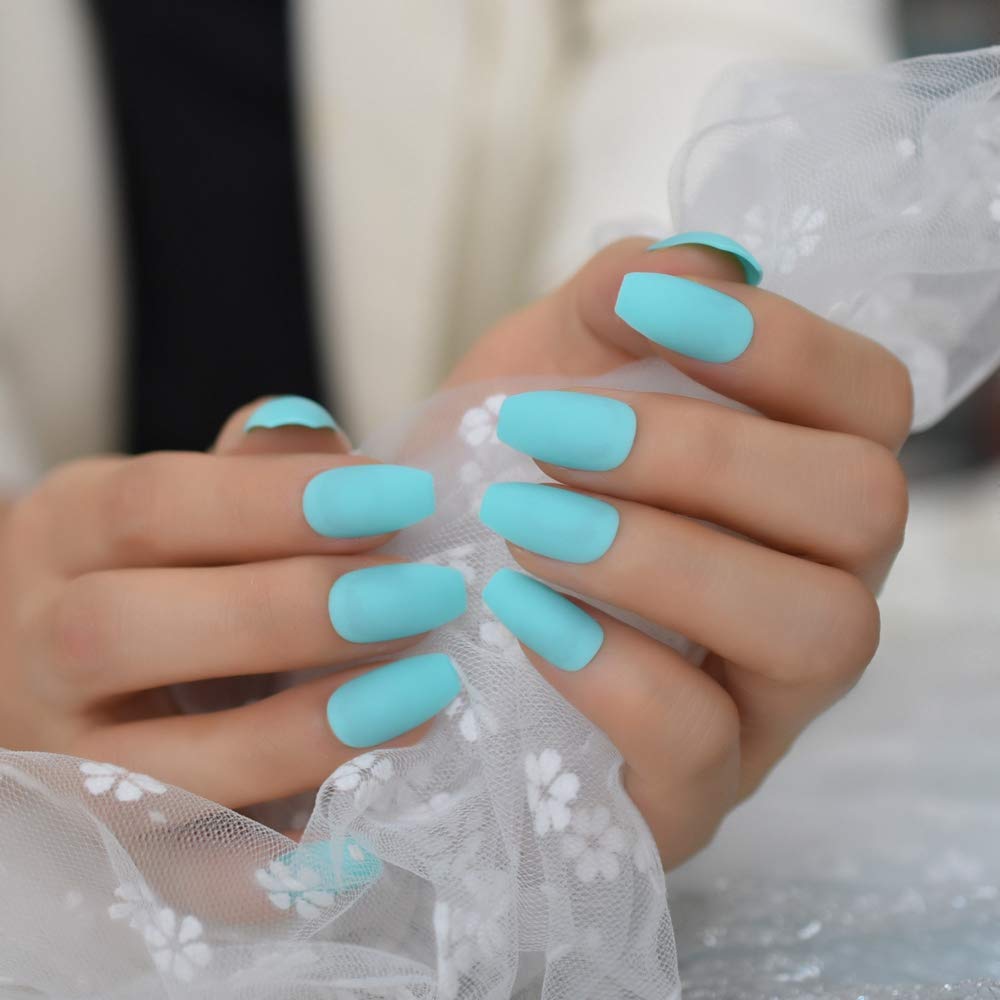 Press On Nails Neon Blue Teal Matte Short Coffin Nail Kit