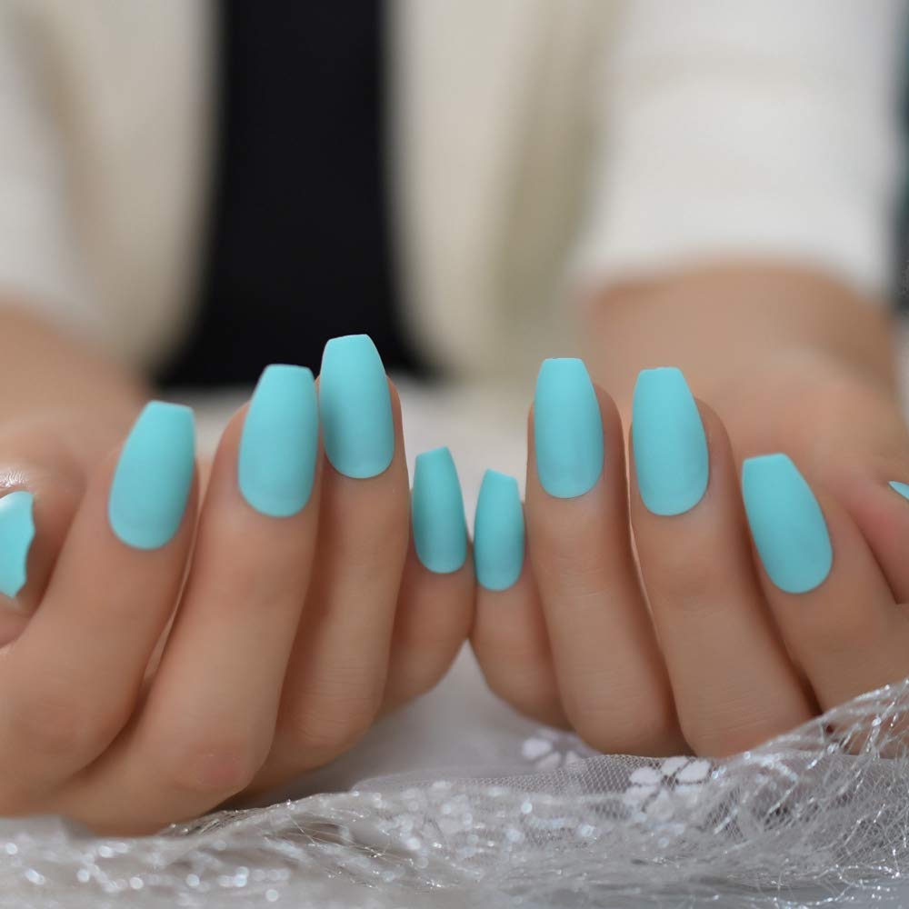 Press On Nails Neon Blue Teal Matte Short Coffin Nail Kit