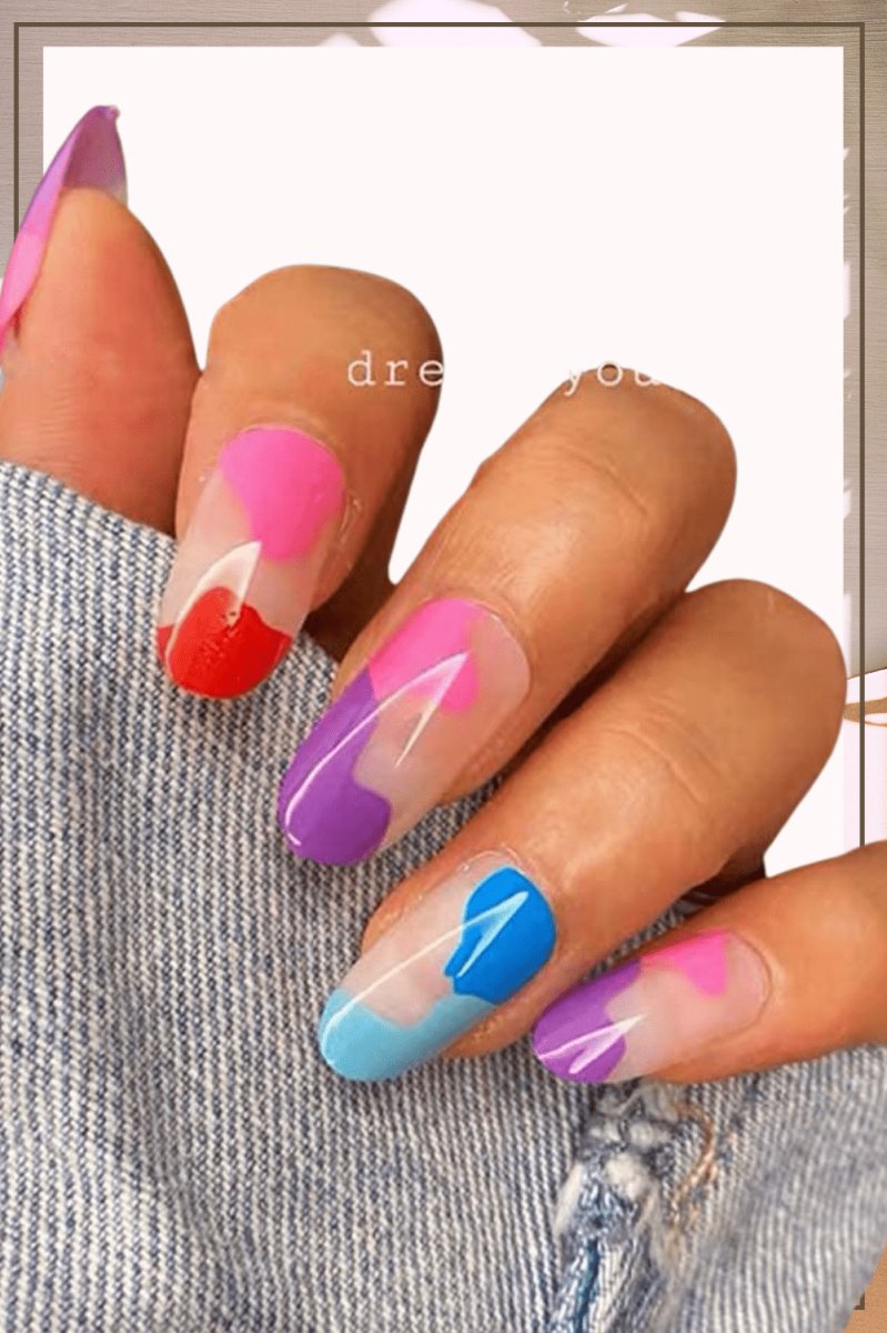 Press On Nails Neon Glossy Almond Multicolor Nail Kit