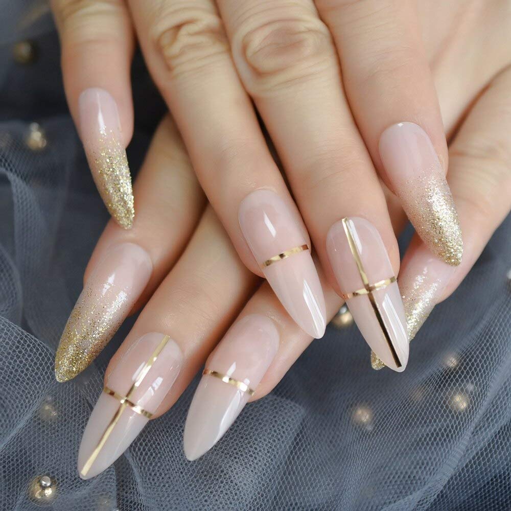 Press On Nails Nude French Gold Almond Line Nail Kit