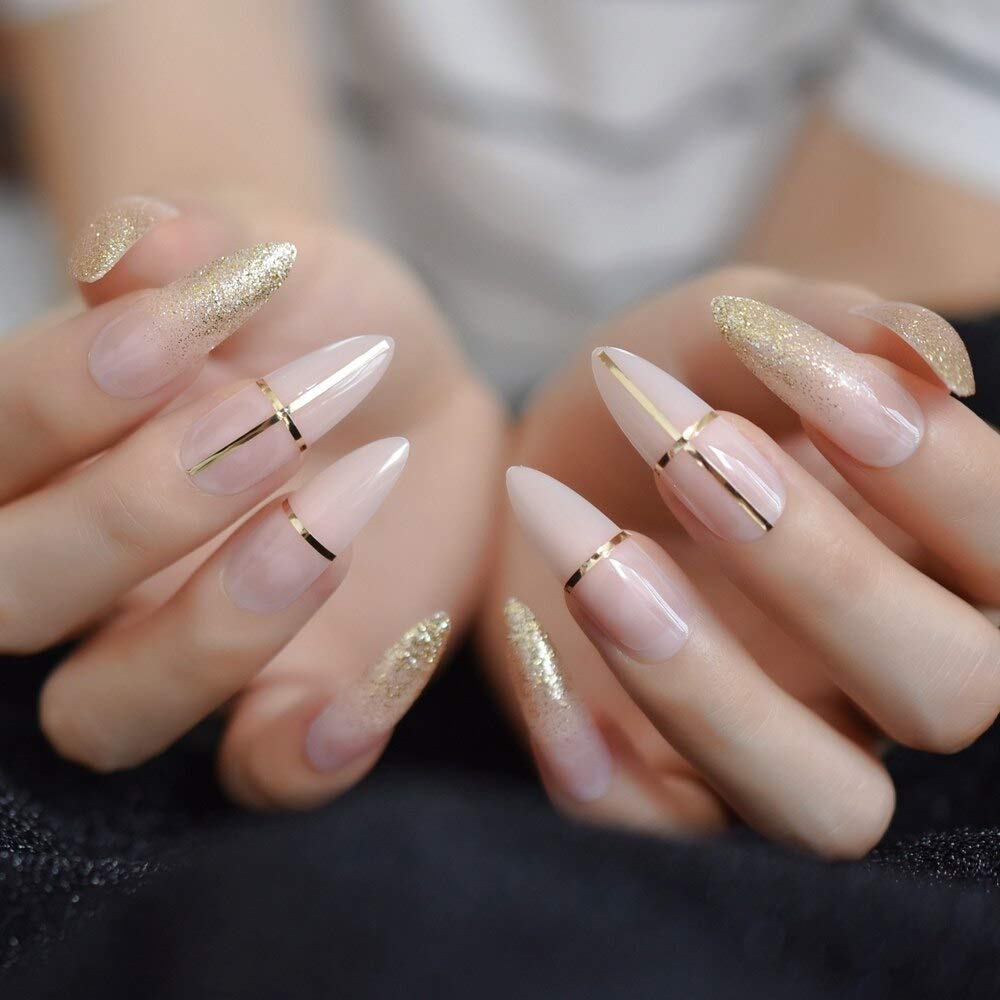 Press On Nails Nude French Gold Almond Line Nail Kit