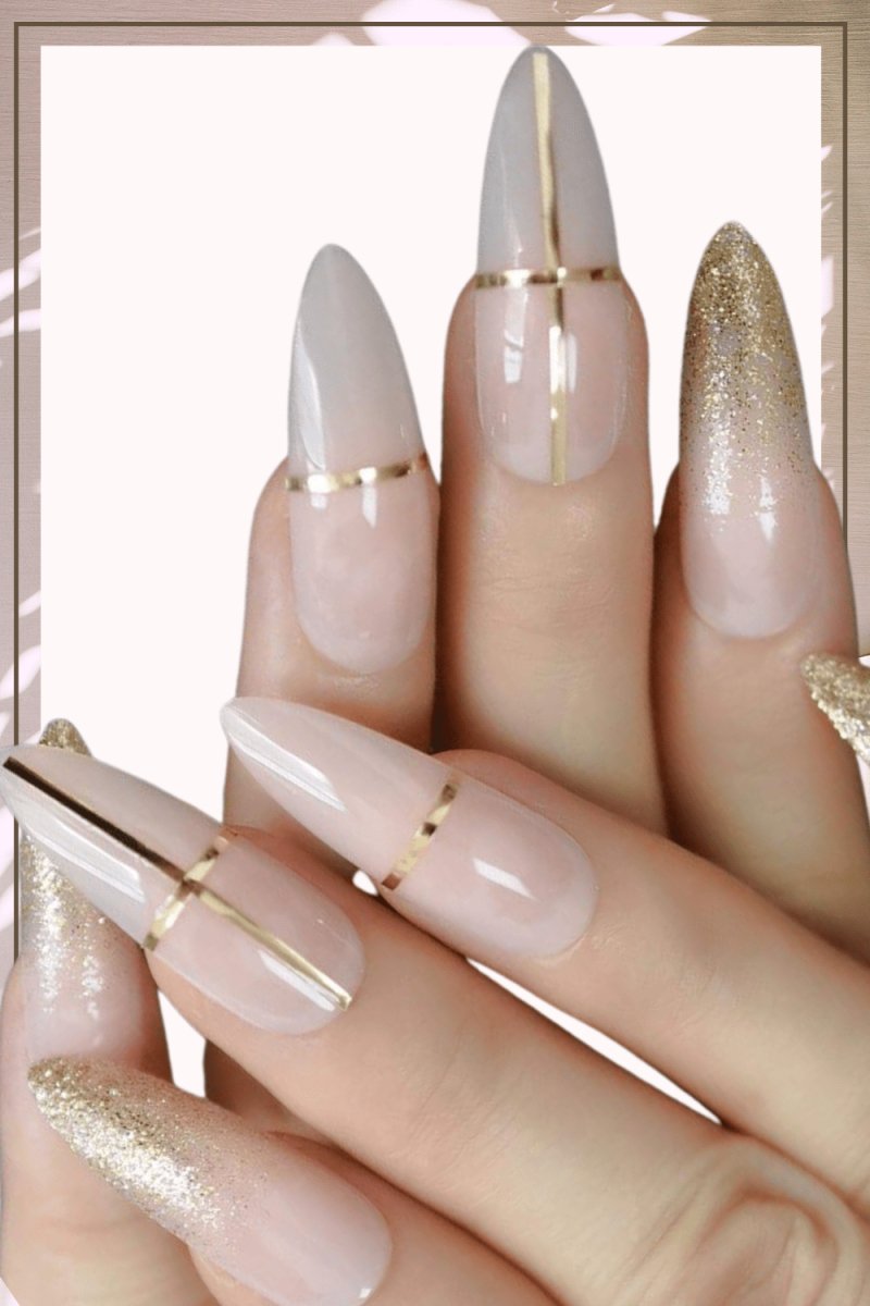 Press On Nails Nude French Gold Almond Line Nail Kit