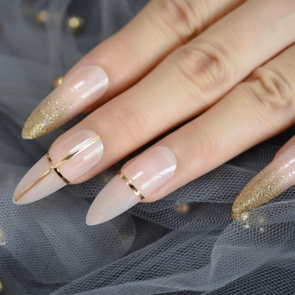 Press On Nails Nude French Gold Almond Line Nail Kit