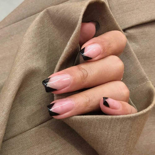 Black French Tip Coffin Press On Nails Kit