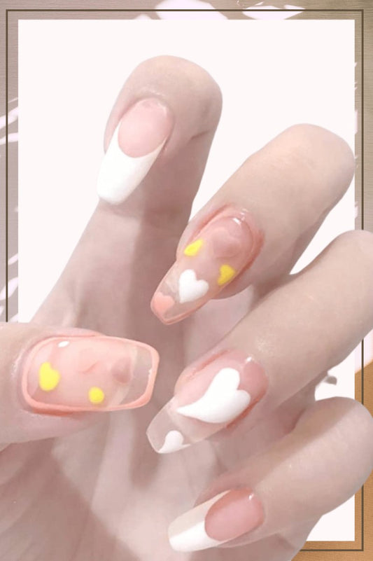 Press On Nails Nude Glossy French Tip Coffin Heart Nail Kit