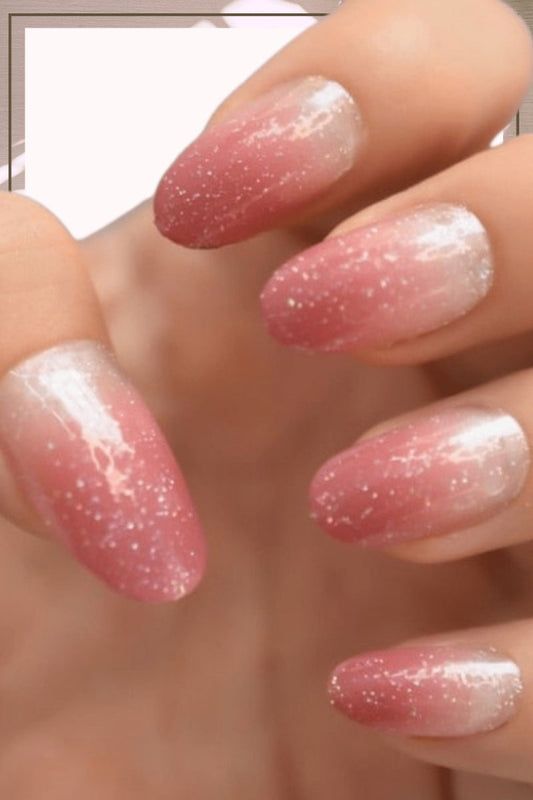 Press On Nails Nude Pink Ombre Glossy Almond Glitter Nail Kit