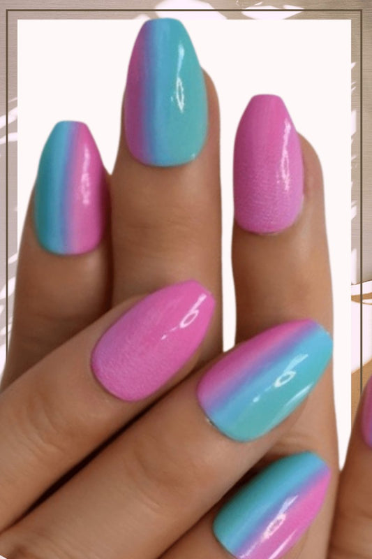 Press On Nails Pink And Blue Glossy Coffin Ombre Nail Kit