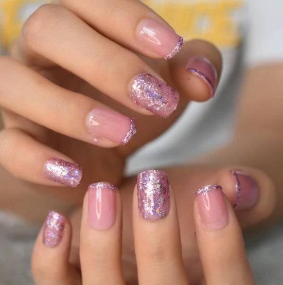 Press On Nails Pink And Purple Glossy Square Glitter Nail Kit