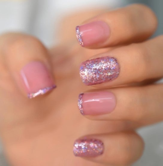 Press On Nails Pink And Purple Glossy Square Glitter Nail Kit