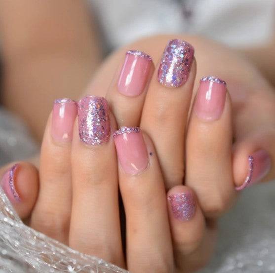 Press On Nails Pink And Purple Glossy Square Glitter Nail Kit