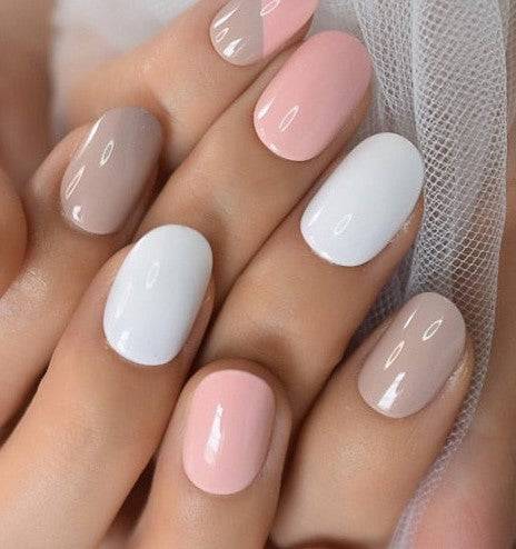 Press On Nails Pink And White Glossy Oval Geometric Nail Kit