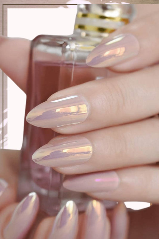 Press On Nails Pink Chrome Glossy Almond Nail Kit