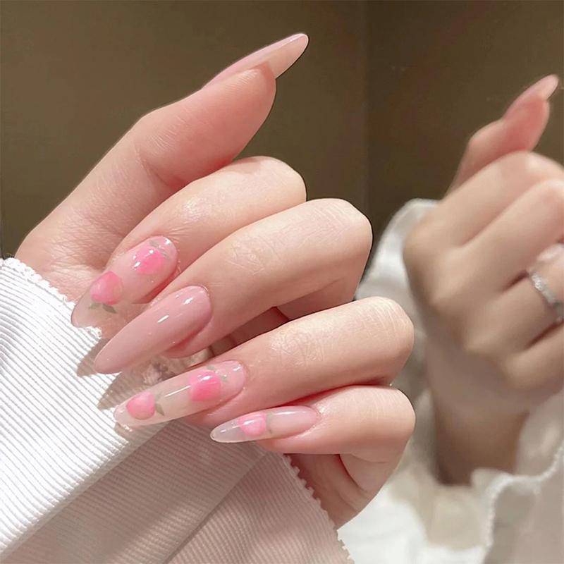 Press On Nails Pink Glossy Almond Rose Nail Kit