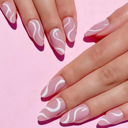 Press On Nails Pink Glossy Almond White Swirl Nail Kit