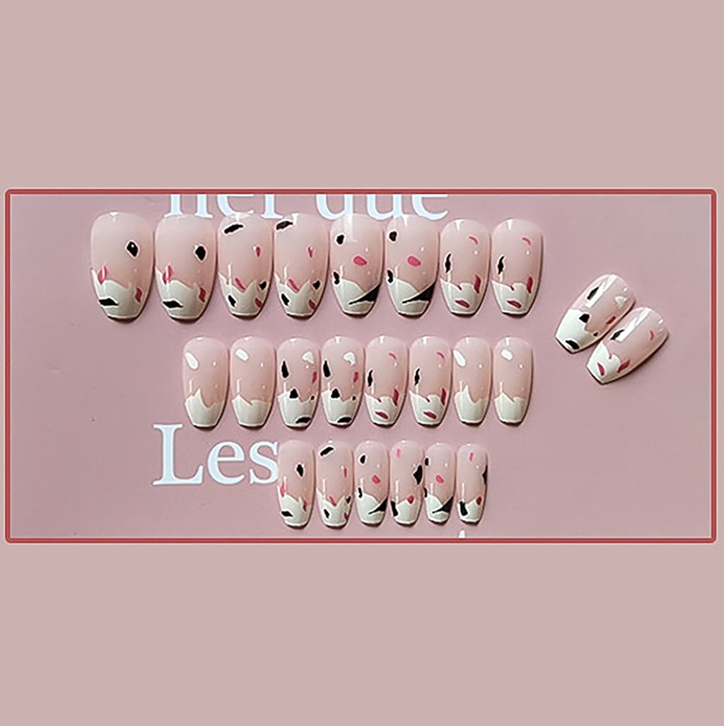 Press On Nails Pink Glossy Coffin Cow Print Nail Kit