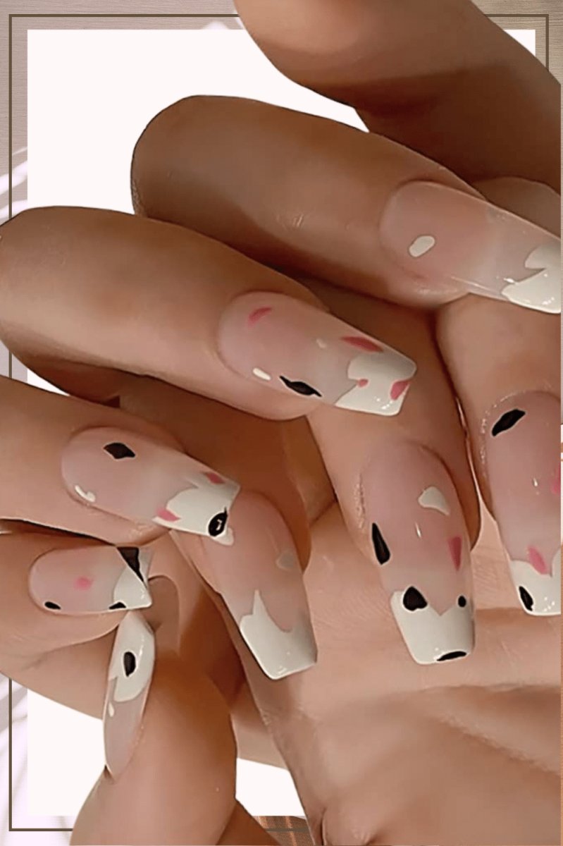 Press On Nails Pink Glossy Coffin Cow Print Nail Kit