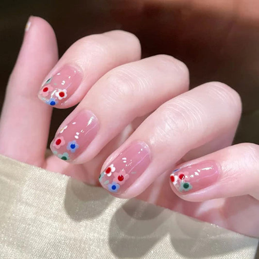 Press On Nails Pink Glossy Coffin Flower Nail Kit