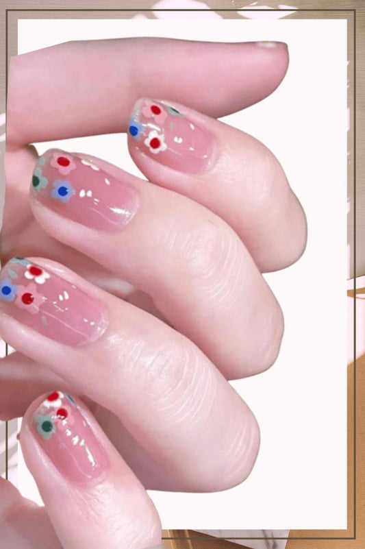 Press On Nails Pink Glossy Coffin Flower Nail Kit