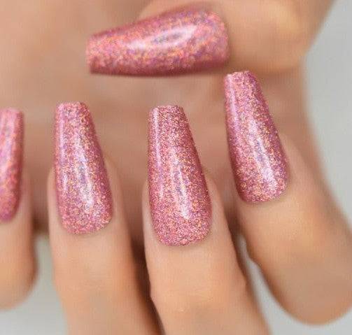 Press On Nails Pink Glossy Coffin Glitter Nail Kit